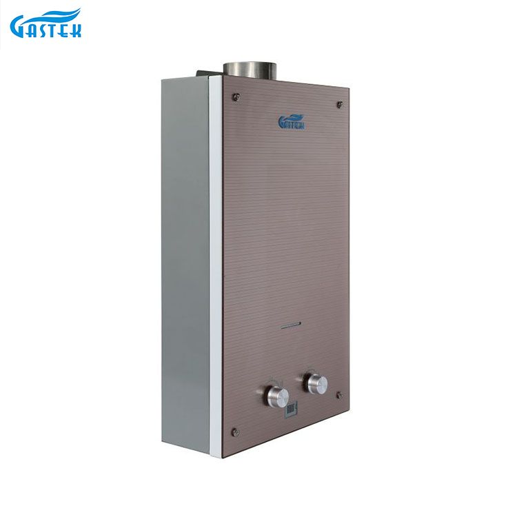 Wandmontierter Gas-Geyser mit Glaspaneel und Rauchabzug für die Küche